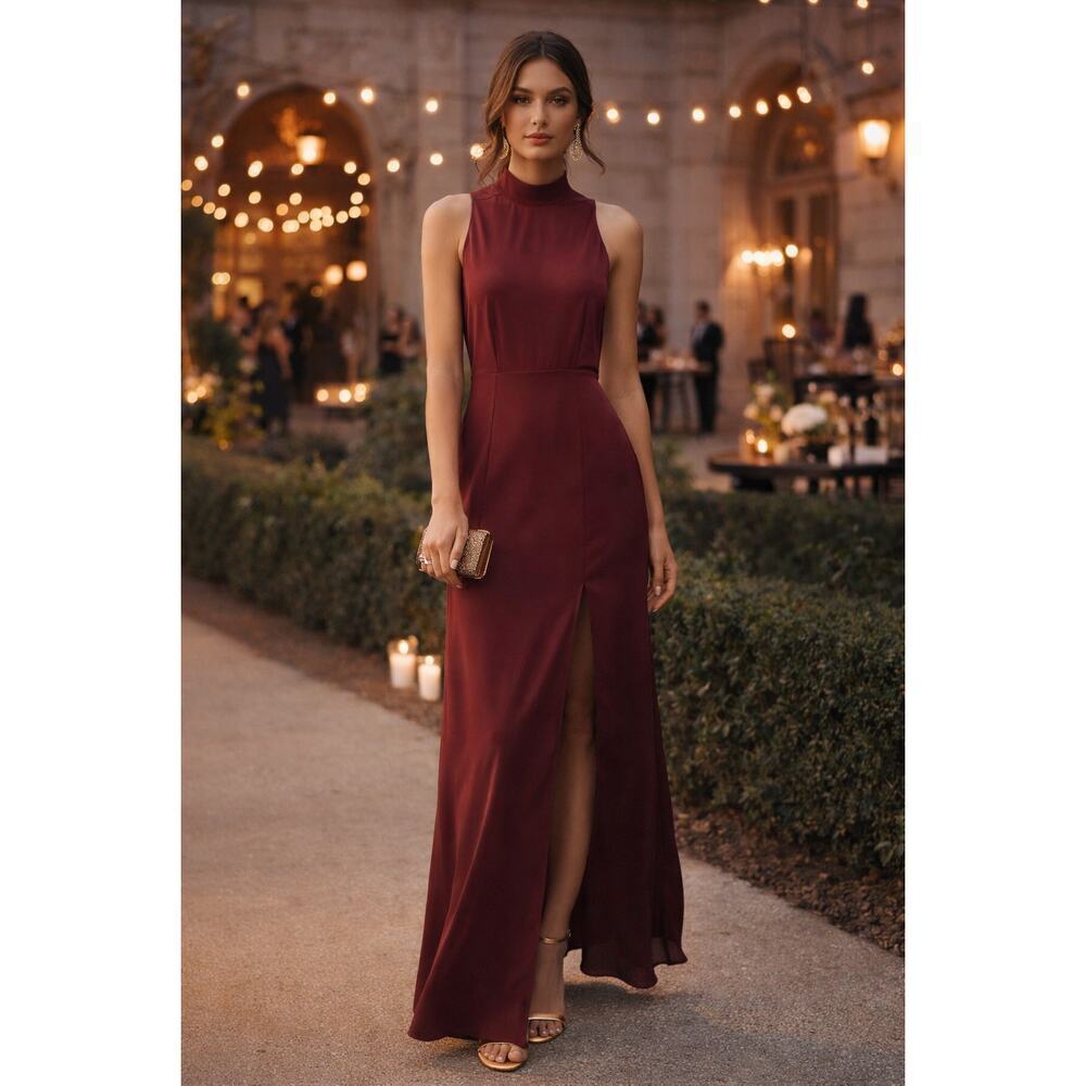 New with Tags Lulus Burgundy Sleeveless Maxi Dress High Neck Slit Size XS